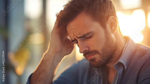 Feeling overwhelmed, man expresses his emotions while holding his head, illuminated by warm sunlight.