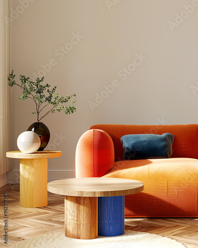 Japandi, minimalist interior design of modern living room. with orange sofa and blue pillow against mock up empty wall with copy space. photo