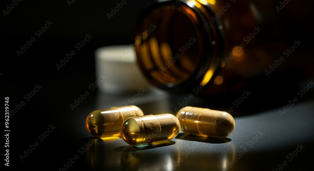 Capsules spilling from bottle closeup in dark lighting pharmaceutical product on reflective surface Capsules spilling from bottle closeup in dark lighting pharmaceutical product on reflective surface