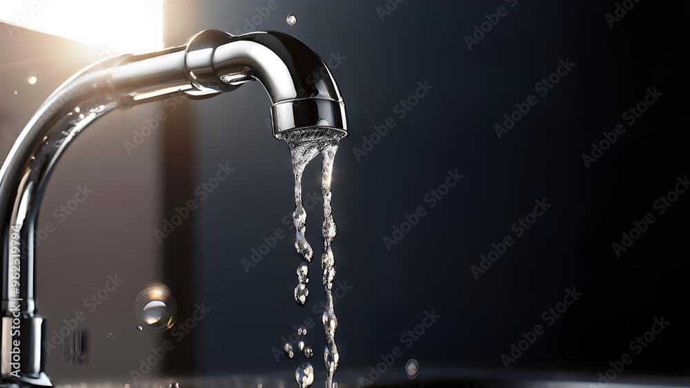 Clean Water flowing from shiny faucet tap closeup Falling Droplets Refreshment Thirst Beverage Washing Hygiene Liquid Plumbing Concept Clean Water flowing from shiny faucet tap closeup Falling Droplets Refreshment Thirst Beverage Washing Hygiene Liquid Plumbing Concept
