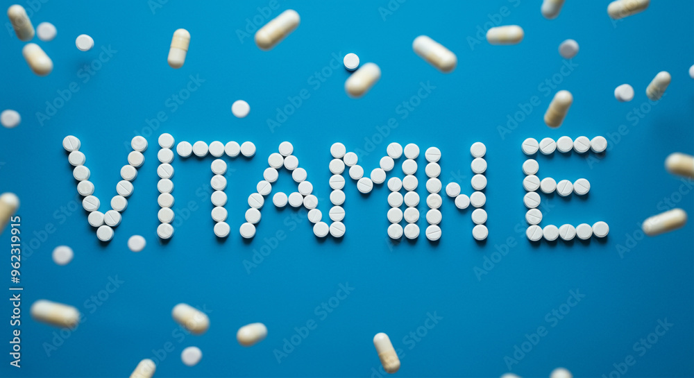 Vitamin pills and vitamin E health supplement for wellness and nutrition Vitamin pills and vitamin E health supplement for wellness and nutrition