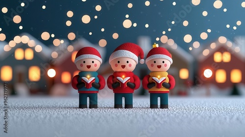 Friends singing carols in a snowy neighborhood, twinkling Christmas lights, joy of the holiday season, 2025