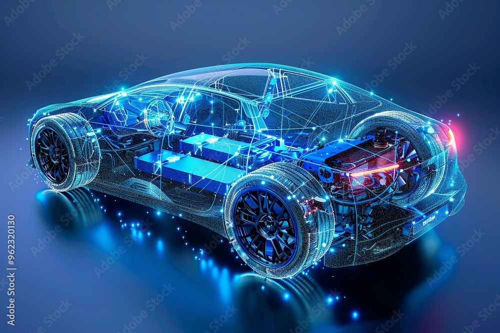 Fototapeta premium A detailed illustration of an electric car lithium battery pack featuring intricate power connections. Set against a vibrant blue background, it emphasizes modern automotive technology