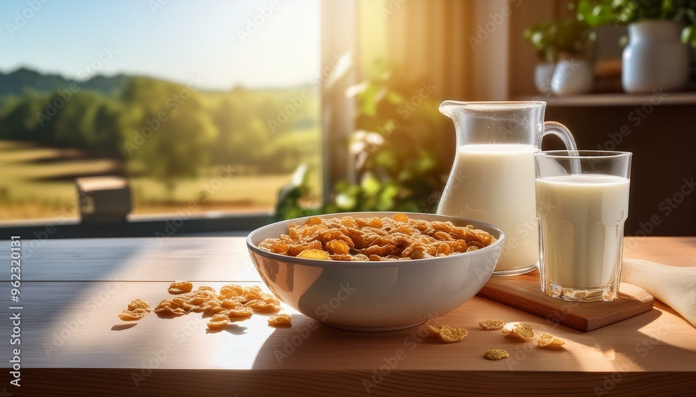 Sunlit Cereal Bowl and Milk on Wooden Table, Rural View, Healthy Breakfast Still Life. Sunlit Cereal Bowl and Milk on Wooden Table, Rural View, Healthy Breakfast Still Life.