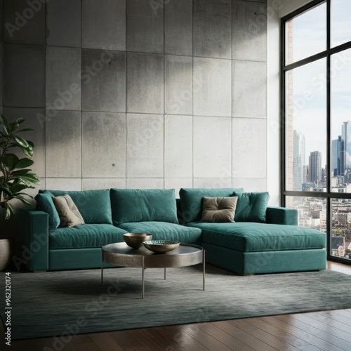 Living room interior in loft, industrial style, 3d render