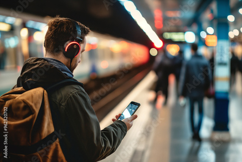 Stock photo of a business person waiting at a train station, holding their phone horizontally, headphones in their ears, people moving around, artificial lighting