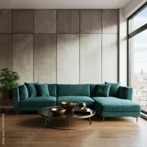 Living room interior in loft, industrial style, 3d render