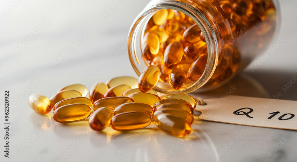 Gel capsules spilling from a jar with health supplements on a marble surface Gel capsules spilling from a jar with health supplements on a marble surface
