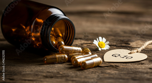 Medicine capsules and health supplements in a glass bottle with a flower tag