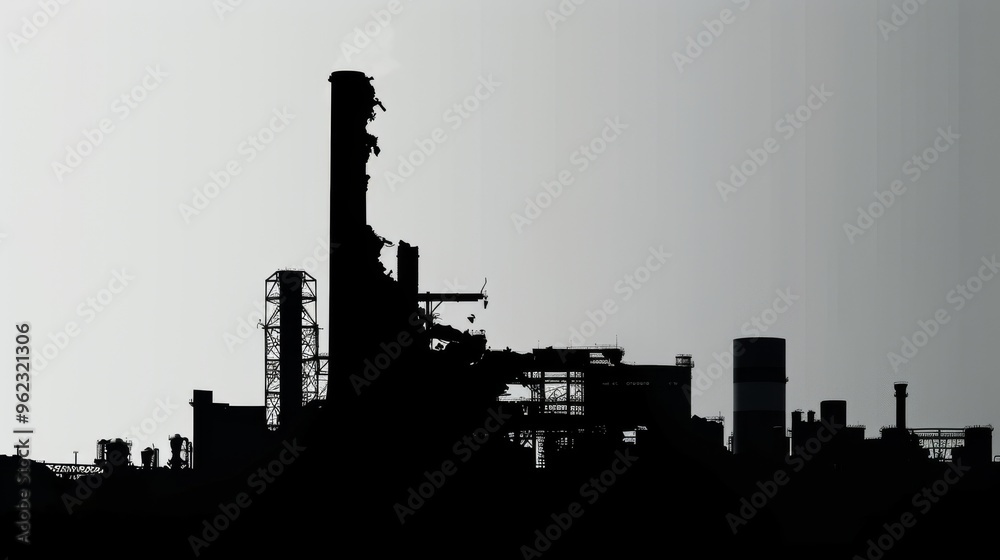 The silhouette of an industrial factory with tall chimneys and complex structures stands starkly against a gray sky. The dark outlines of the factory create a somber and powerful industrial scene. The silhouette of an industrial factory with tall chimneys and complex structures stands starkly against a gray sky. The dark outlines of the factory create a somber and powerful industrial scene.