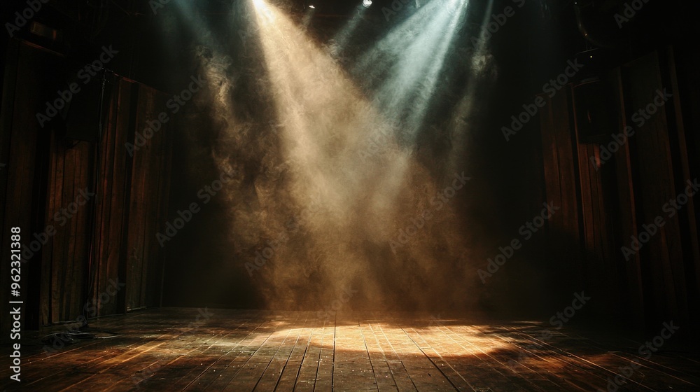 Fototapeta premium Soft spotlight illuminating a single point on stage, dark surroundings, intimate and focused mood