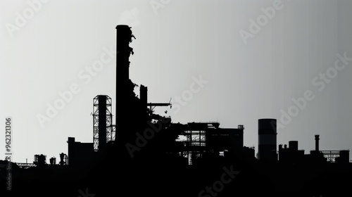 The silhouette of an industrial factory with tall chimneys and complex structures stands starkly against a gray sky. The dark outlines of the factory create a somber and powerful industrial scene. photo