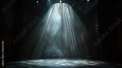 Soft spotlight illuminating a single point on stage, dark surroundings, intimate and focused mood photo