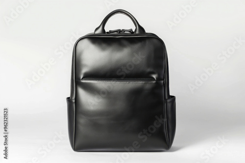 Black leather backpack, rectangular square shaped, sleek, elegant, minimalist, premium.