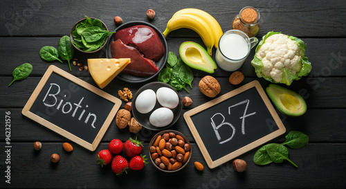 Healthy food ingredients with biotin and nutrition for a balanced diet photo