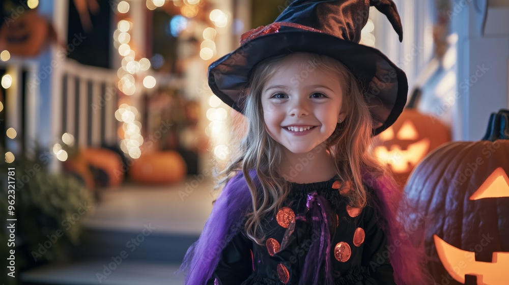 Portrait of a little girl dressed as a witch, smiling on Halloween night with festive decorations, trick-or-treating outdoors Portrait of a little girl dressed as a witch, smiling on Halloween night with festive decorations, trick-or-treating outdoors