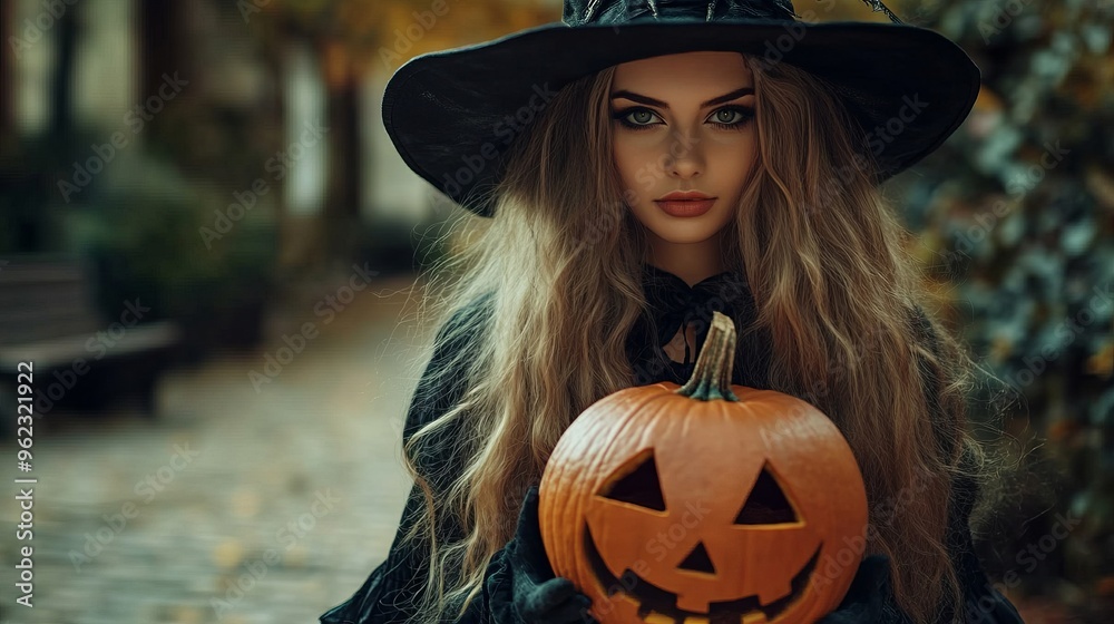 Halloween Witch with pumpkin. Pretty young woman in witch costume. Halloween decor. Toned image. Copy space Halloween Witch with pumpkin. Pretty young woman in witch costume. Halloween decor. Toned image. Copy space