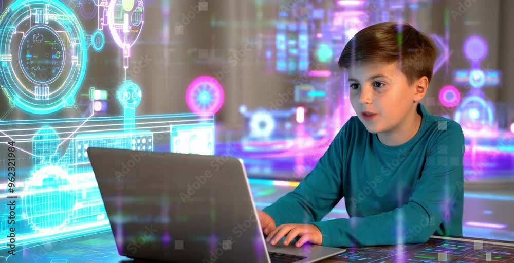 boy, kid working on a computer, Digital code, binary streams depicting ...