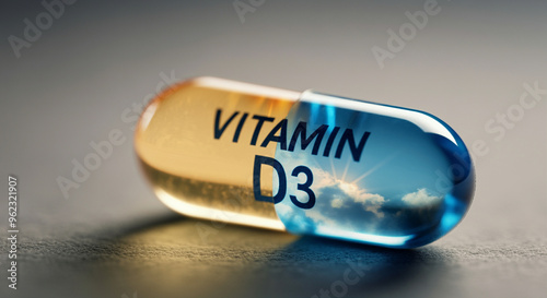 Vitamin D3 capsule with sunlight reflection on health lifestyle background photo