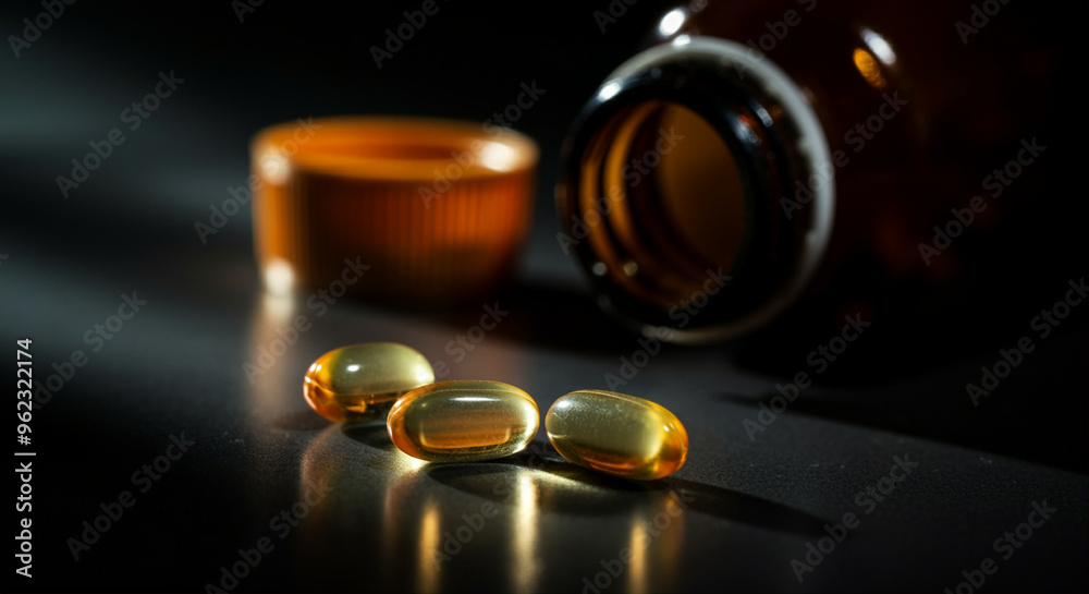 Gel capsules and health supplements in a bottle with orange lid on a dark background Gel capsules and health supplements in a bottle with orange lid on a dark background