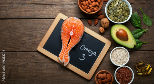 Salmon with omega 3 food ingredients healthy nutrition on wooden background photo