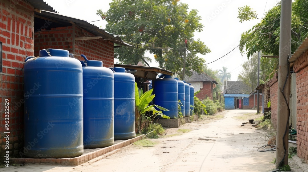 A series of large blue water storage tanks are lined up in a quiet rural village, surrounded by red brick walls and greenery. The scene is tranquil, depicting everyday life in a countryside community. A series of large blue water storage tanks are lined up in a quiet rural village, surrounded by red brick walls and greenery. The scene is tranquil, depicting everyday life in a countryside community.
