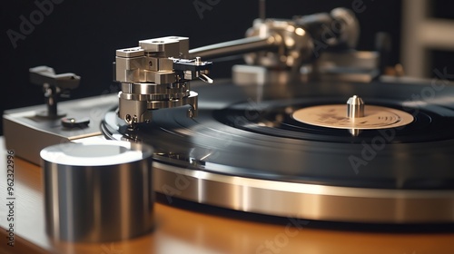 A close-up view of a record player, showcasing the intricate workings of the device. The turntable, tonearm, and cartridge are clearly visible, providing a glimpse into the mechanics of vinyl