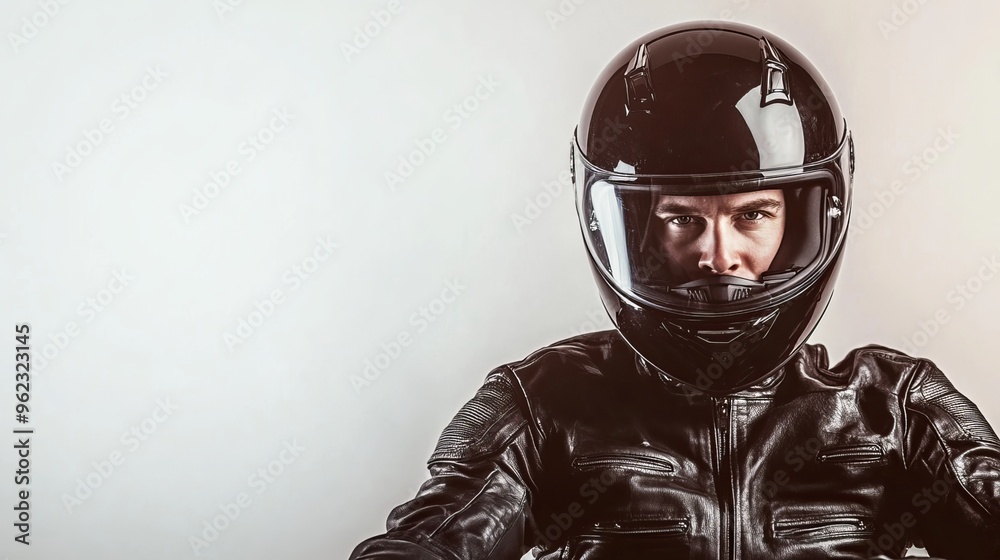 A motorcyclist, wearing a black helmet, poses against a white backdrop. A motorcyclist, wearing a black helmet, poses against a white backdrop.