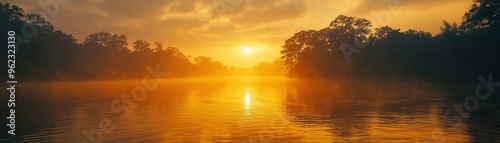 Hazy sunset over a calm river, humid weather, golden hour light