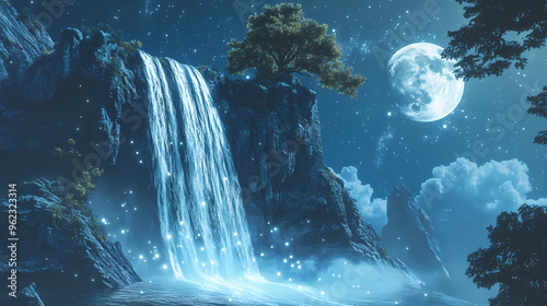 Surreal landscape of a colossal floating island with a cascading waterfall, under a starry night sky and full moon, blending fantasy and nature in a dreamlike, ethereal scene photo