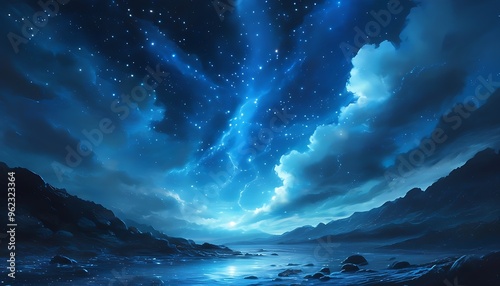 The twinkling stars in the night sky are intertwined with the mysterious blue light, creating a fantasy cosmic atmosphere that is intoxicating. photo