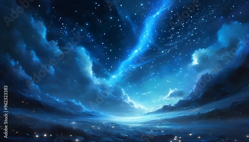 The twinkling stars in the night sky are intertwined with the mysterious blue light, creating a fantasy cosmic atmosphere that is intoxicating. photo