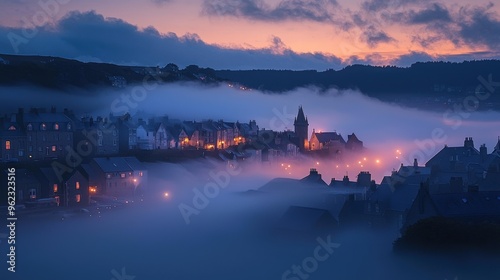 Dense fog covering a coastal town at dawn, foggy weather, quiet and eerie photo