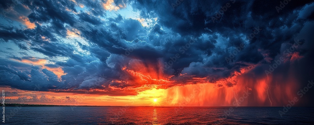 Sun setting behind a line of thunderstorms on the horizon, dramatic weather, contrast of light and dark Sun setting behind a line of thunderstorms on the horizon, dramatic weather, contrast of light and dark