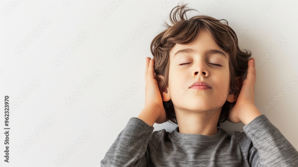 A young boy with closed eyes and hands covering his ears appears calm and serene. The simple, light background enhances the peacefulness of the scene, creating a sense of quiet introspection. A young boy with closed eyes and hands covering his ears appears calm and serene. The simple, light background enhances the peacefulness of the scene, creating a sense of quiet introspection.