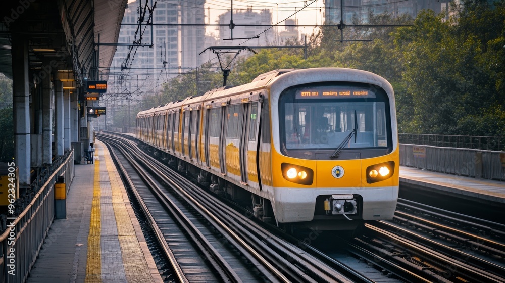 Naklejka premium New Delhi, India - March 10 2024: A Metro train of the yellow line route at New Delhi India. 