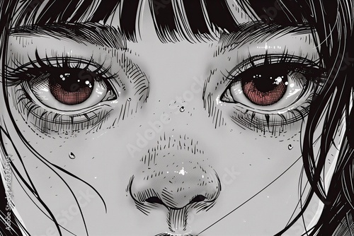 A woman's face with red eyes and a black nose