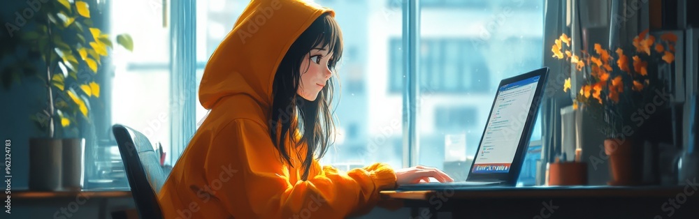 Anime Girl in Yellow Hoodie Working on Laptop Anime Girl in Yellow Hoodie Working on Laptop