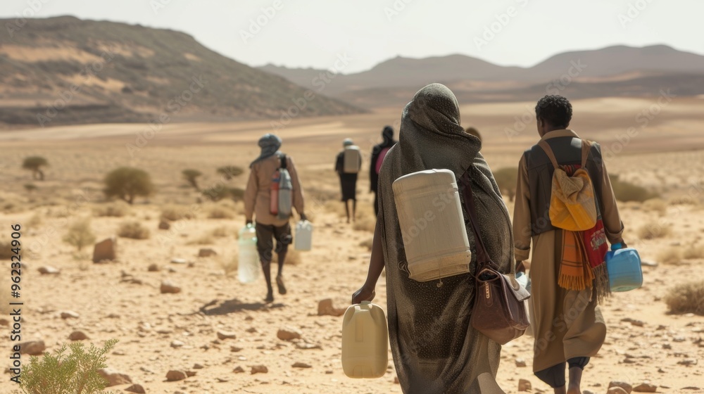 A group of people journeying through a vast, arid desert landscape, carrying water containers. The image portrays resilience and survival in a harsh environment, emphasizing the challenging conditions A group of people journeying through a vast, arid desert landscape, carrying water containers. The image portrays resilience and survival in a harsh environment, emphasizing the challenging conditions