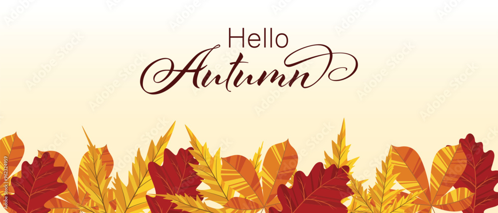 Autumn background illustration vector. Flat background of autumn. Autumn banner with golden maple and oak leaves. Happy September, hello autumn, fall in love.