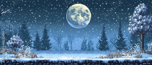 snowy forest ​​at night with full moon game platform illustration background