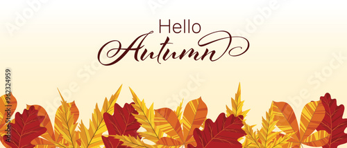 Obraz na płótnie Autumn background illustration vector. Flat background of autumn. Autumn banner with golden maple and oak leaves. Happy September, hello autumn, fall in love. w salonie