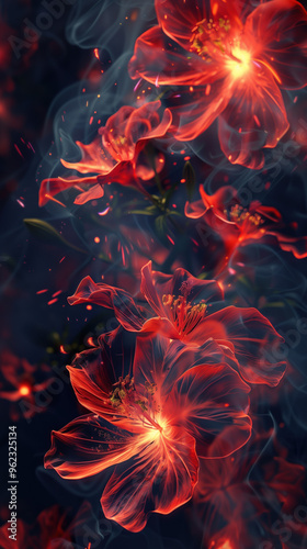 A close up of a blazing flower with a blue background.