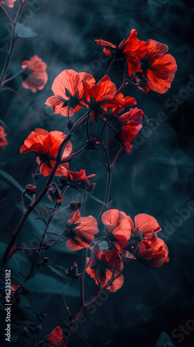 A close up of a blazing flower with a blue background.