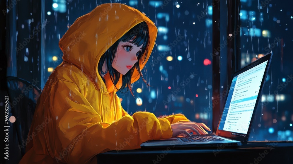 Anime Girl in Yellow Hoodie Working on Laptop Anime Girl in Yellow Hoodie Working on Laptop