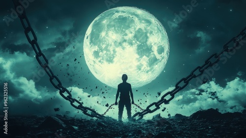 banner with symbolic image of person breaking chains under a full moon, representing liberation concept photo