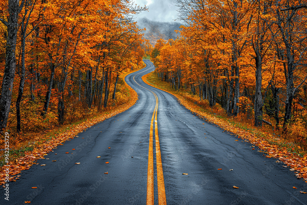 Obraz premium A picturesque rural road lined with trees displaying their autumn foliage, leading into the distance. Concept of scenic drives and fall travel.