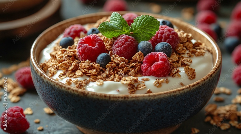 Healthy Breakfast Scene Featuring Yogurt Topped with Granola and Berries for Nutritious Morning Meal - Generative AI Healthy Breakfast Scene Featuring Yogurt Topped with Granola and Berries for Nutritious Morning Meal - Generative AI