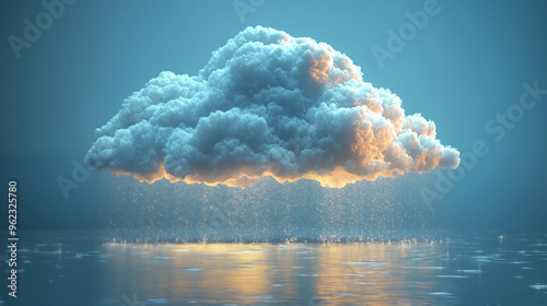 Glowing cloud rains over calm water, reflecting golden light. Concept of weather and nature.