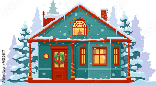 Cartoon Christmas winter house facade exterior. Snowy home building. Isolated vector whimsical cottage adorned with sparkling lights, snow-covered roof and festive decorations, radiating holiday cheer